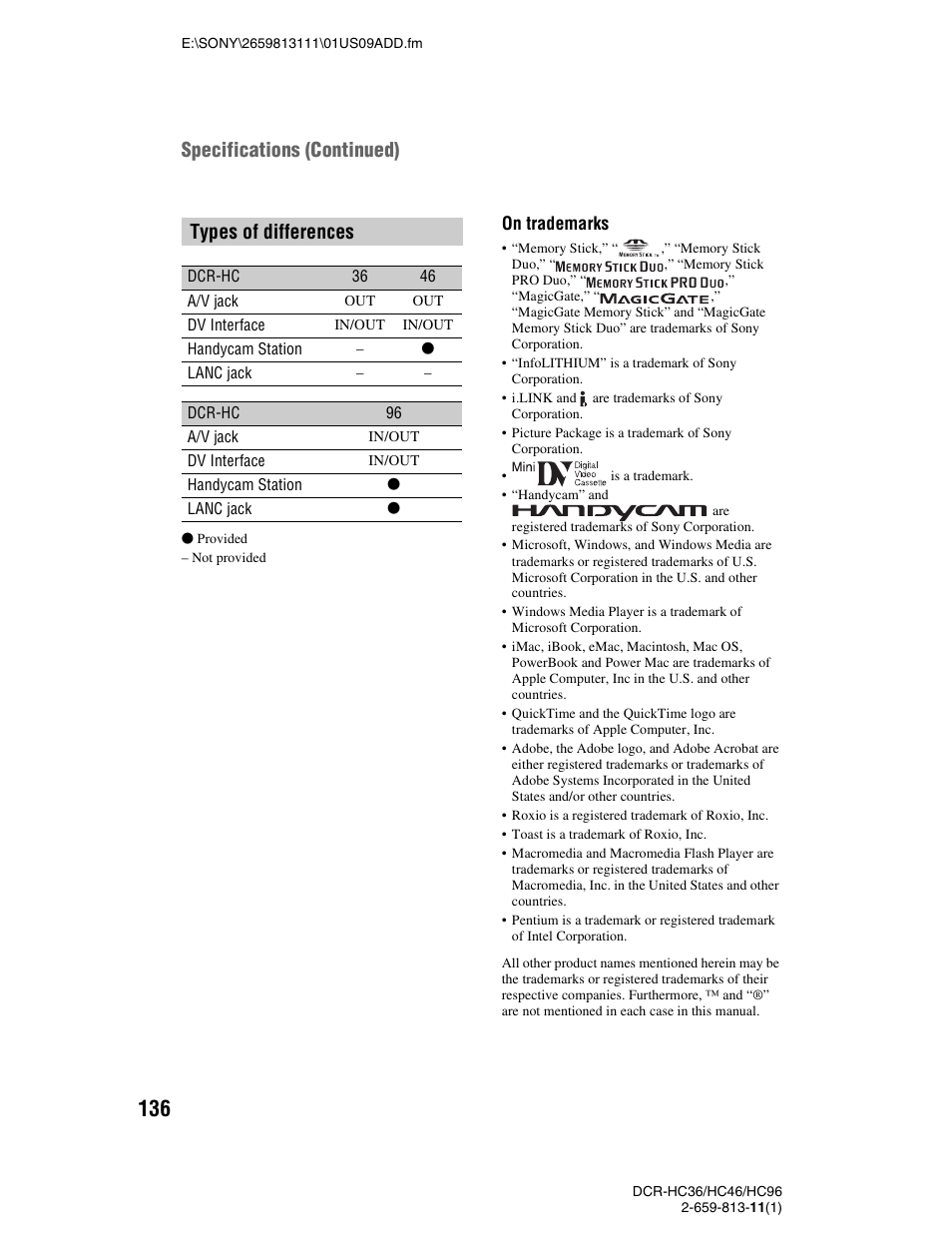 Types of differences, Specifications (continued), On trademarks | Sony DCR-HC36 User Manual | Page 136 / 140