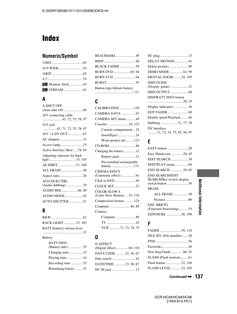 Index, Numeric/symbol | Sony DCR-HC36 User Manual | Page 137 / 140