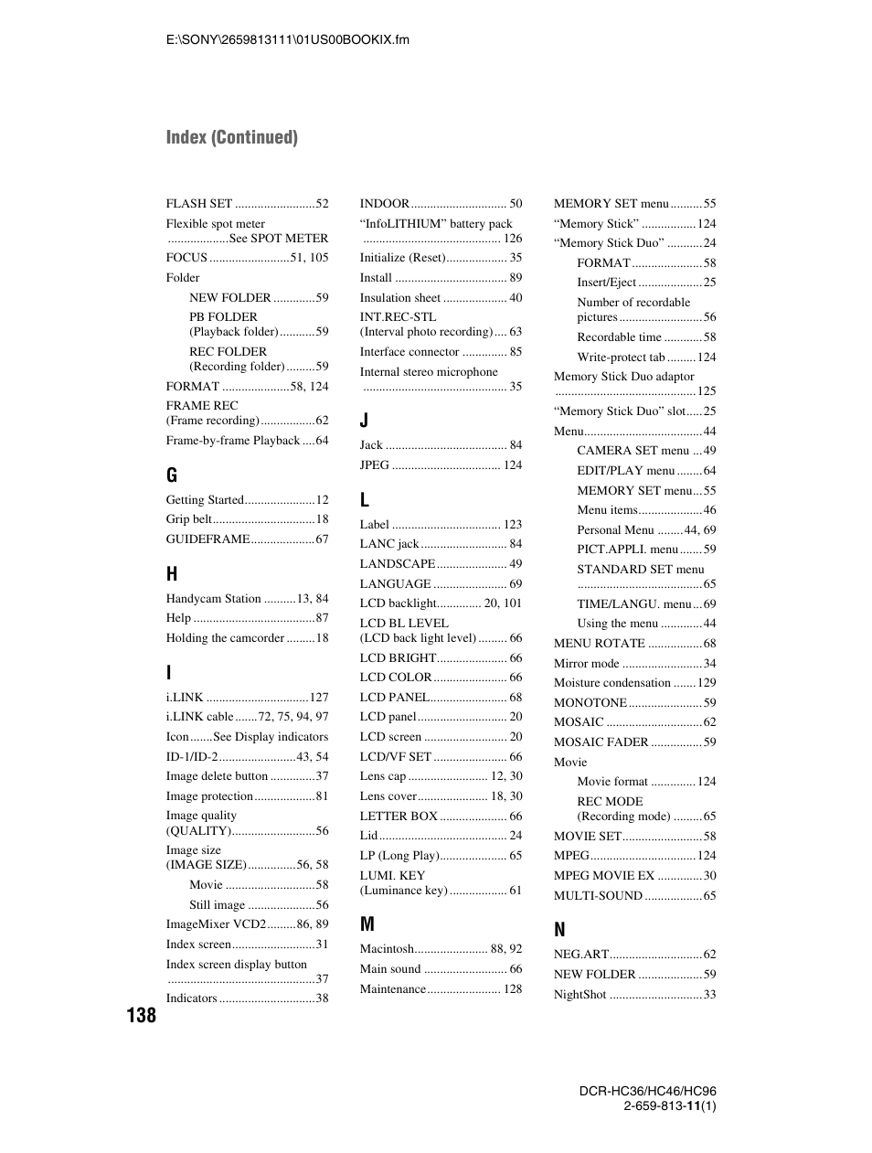 Index (continued) | Sony DCR-HC36 User Manual | Page 138 / 140