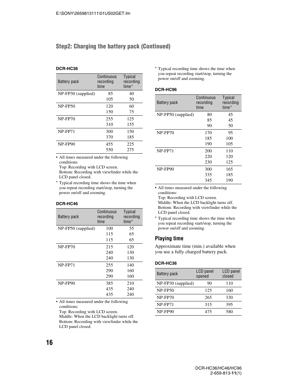 Step2: charging the battery pack (continued), Playing time | Sony DCR-HC36 User Manual | Page 16 / 140