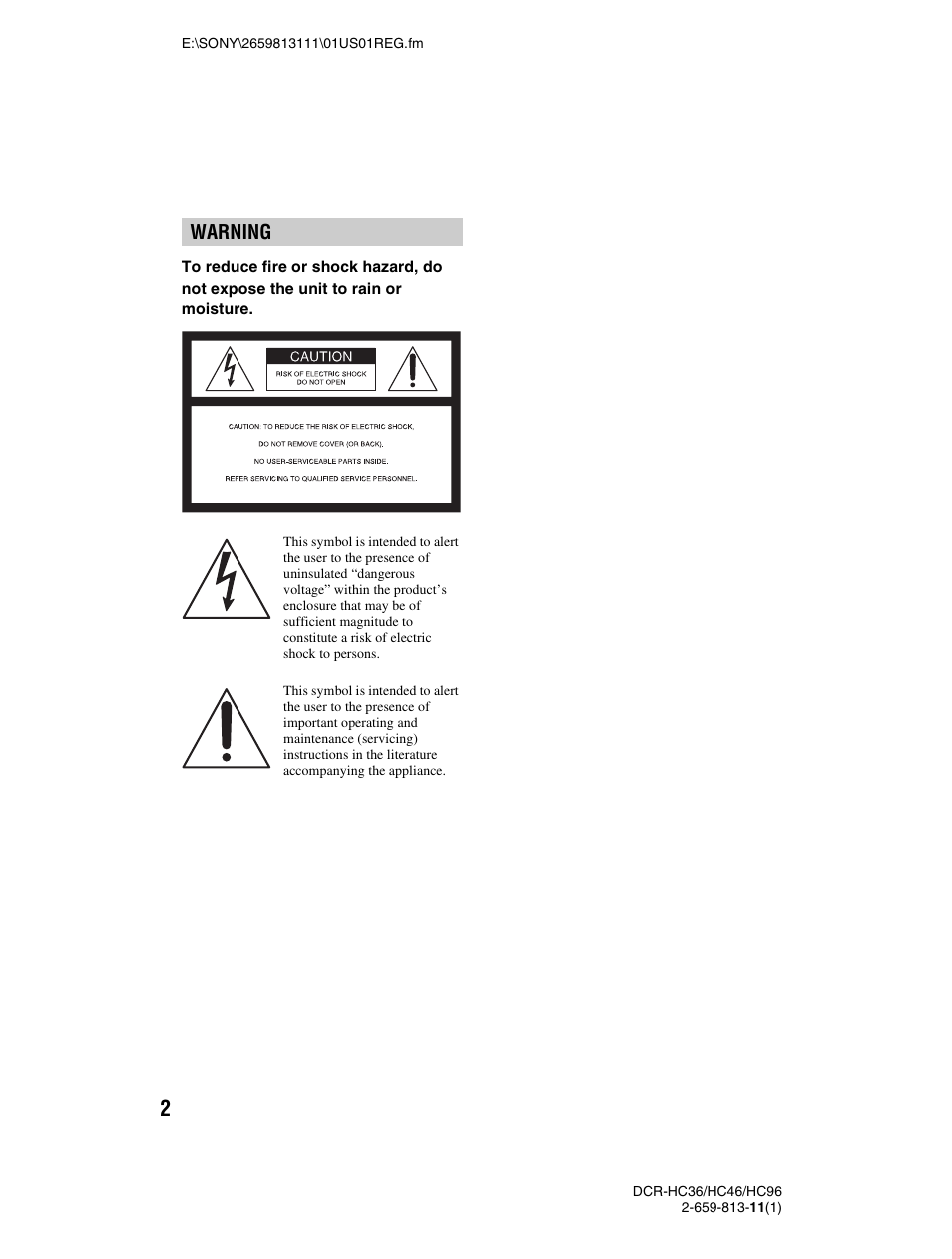 Warning | Sony DCR-HC36 User Manual | Page 2 / 140