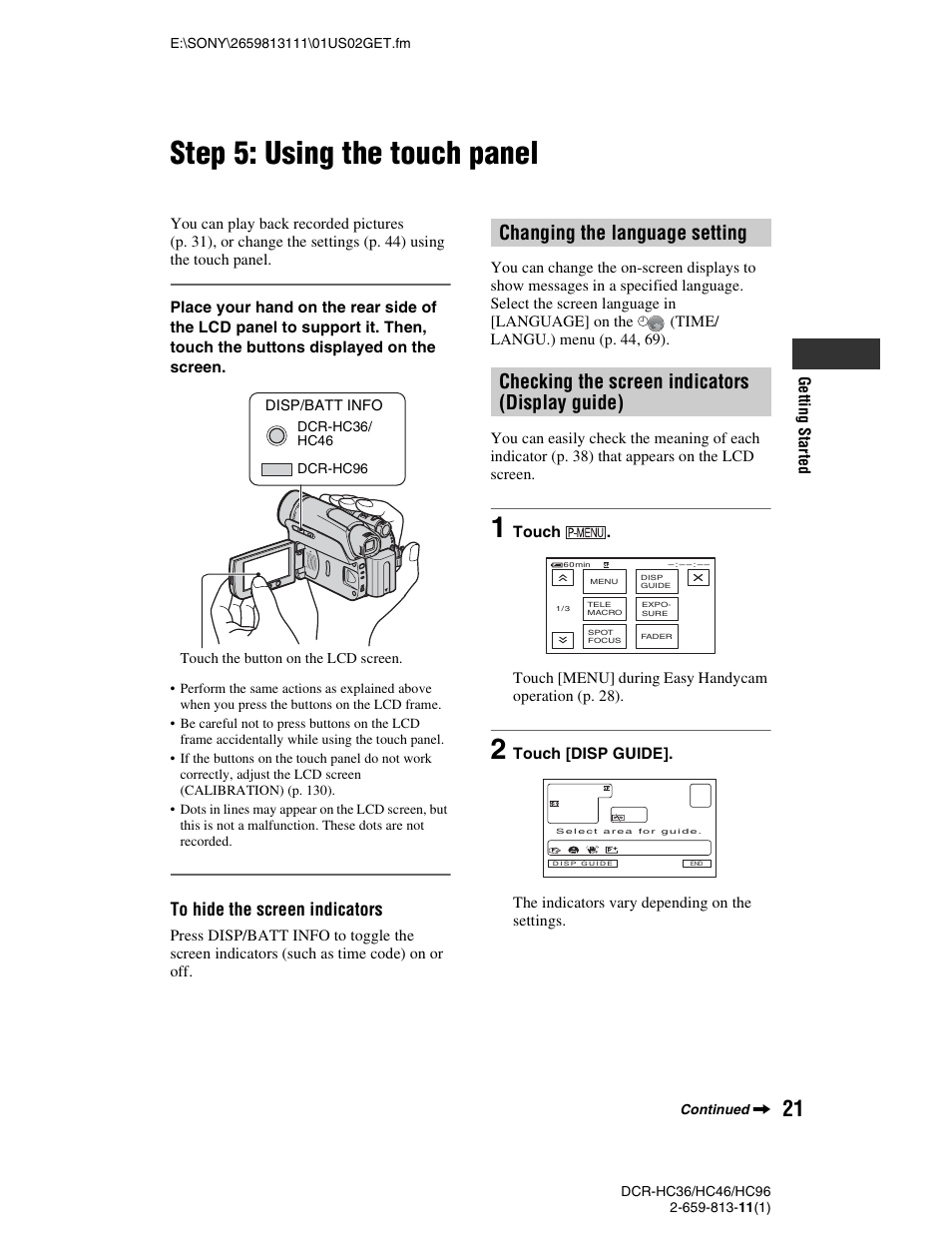 Step 5: using the touch panel, Changing the language setting, Checking the screen indicators (display guide) | Sony DCR-HC36 User Manual | Page 21 / 140