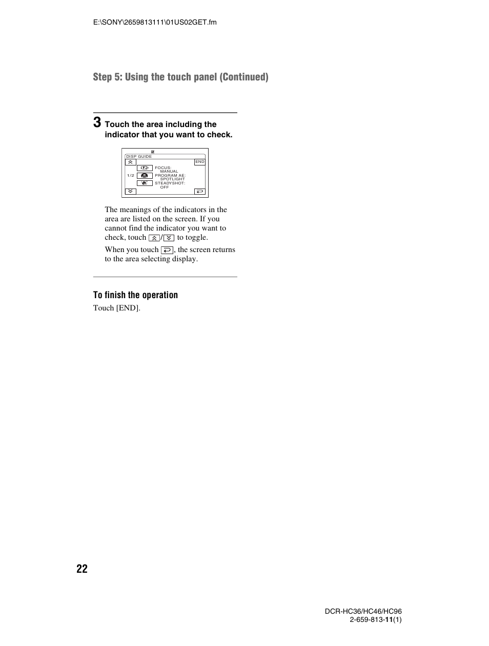 Step 5: using the touch panel (continued) | Sony DCR-HC36 User Manual | Page 22 / 140