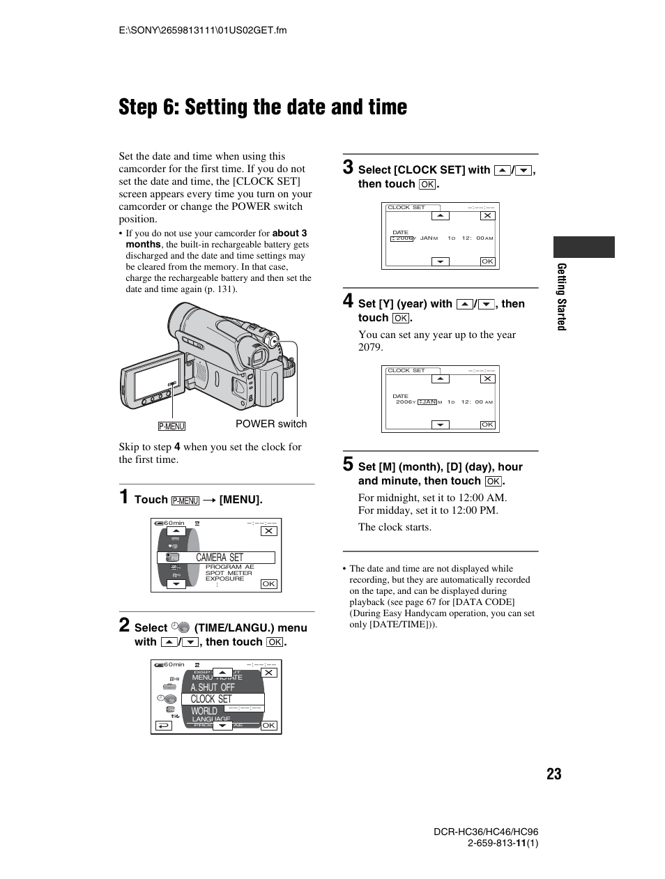 Step 6: setting the date and time, Camera set, Clock set | Sony DCR-HC36 User Manual | Page 23 / 140