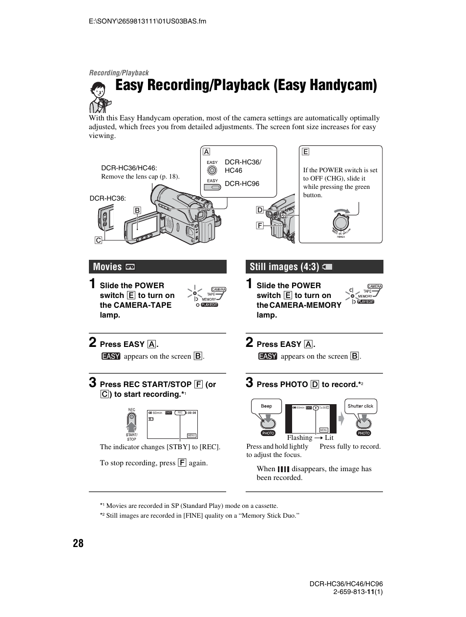 Recording/playback, Easy recording/playback (easy handycam), Recording | Playback, N (p. 28), Movies, Still images (4:3) | Sony DCR-HC36 User Manual | Page 28 / 140
