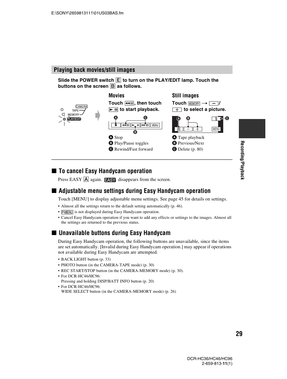 Xto cancel easy handycam operation, Xunavailable buttons during easy handycam, Playing back movies/still images | Sony DCR-HC36 User Manual | Page 29 / 140