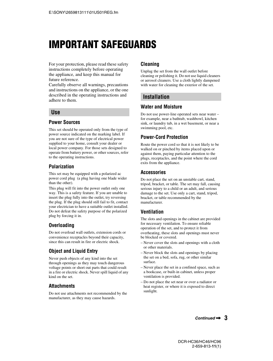 Important safeguards | Sony DCR-HC36 User Manual | Page 3 / 140