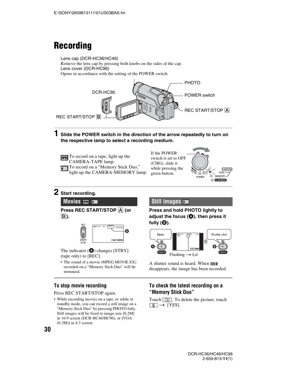 Recording, P. 30), Movies still images | Sony DCR-HC36 User Manual | Page 30 / 140