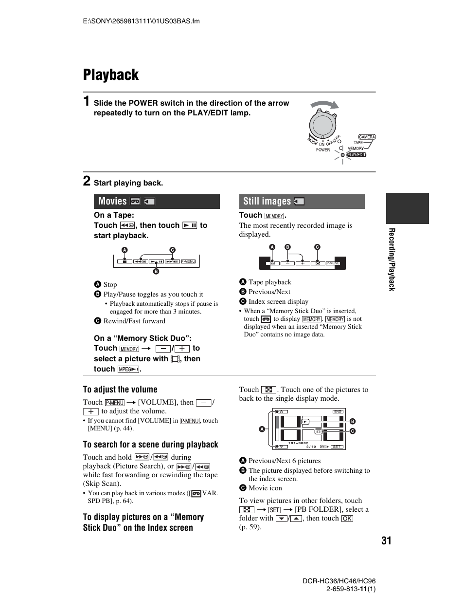 Playback, P. 31), Movies still images | Sony DCR-HC36 User Manual | Page 31 / 140