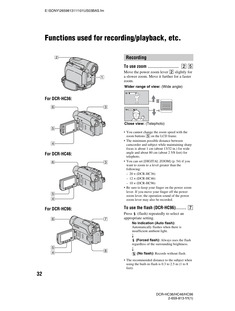 Functions used for recording/playback, etc, Recording, To use zoom | To use the flash (dcr-hc96), To use zoom to use the flash (dcr-hc96) | Sony DCR-HC36 User Manual | Page 32 / 140