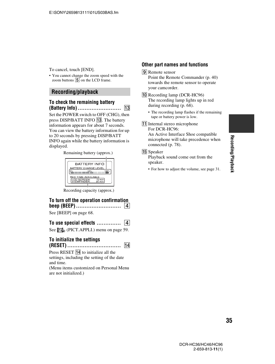 Recording/playback, To check the remaining battery (battery info), To turn off the operation confirmation beep (beep) | To use special effects, To initialize the settings (reset), Other part names and functions | Sony DCR-HC36 User Manual | Page 35 / 140