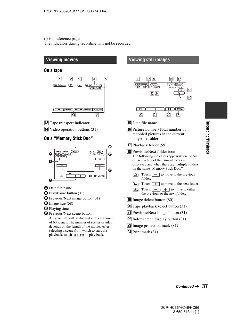 On a tape, Viewing movies, Viewing still images | Sony DCR-HC36 User Manual | Page 37 / 140