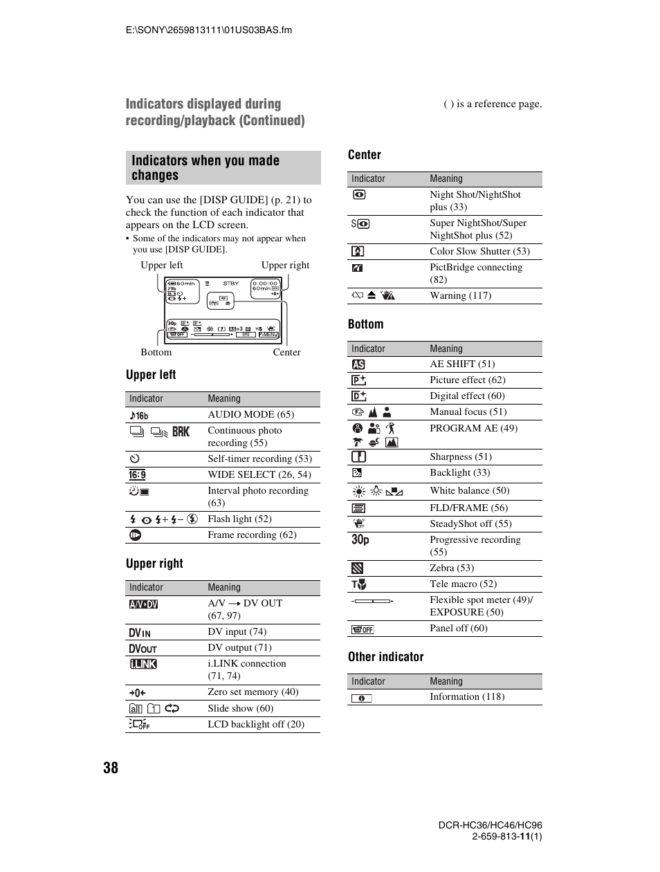 P. 38), Indicators when you made changes | Sony DCR-HC36 User Manual | Page 38 / 140