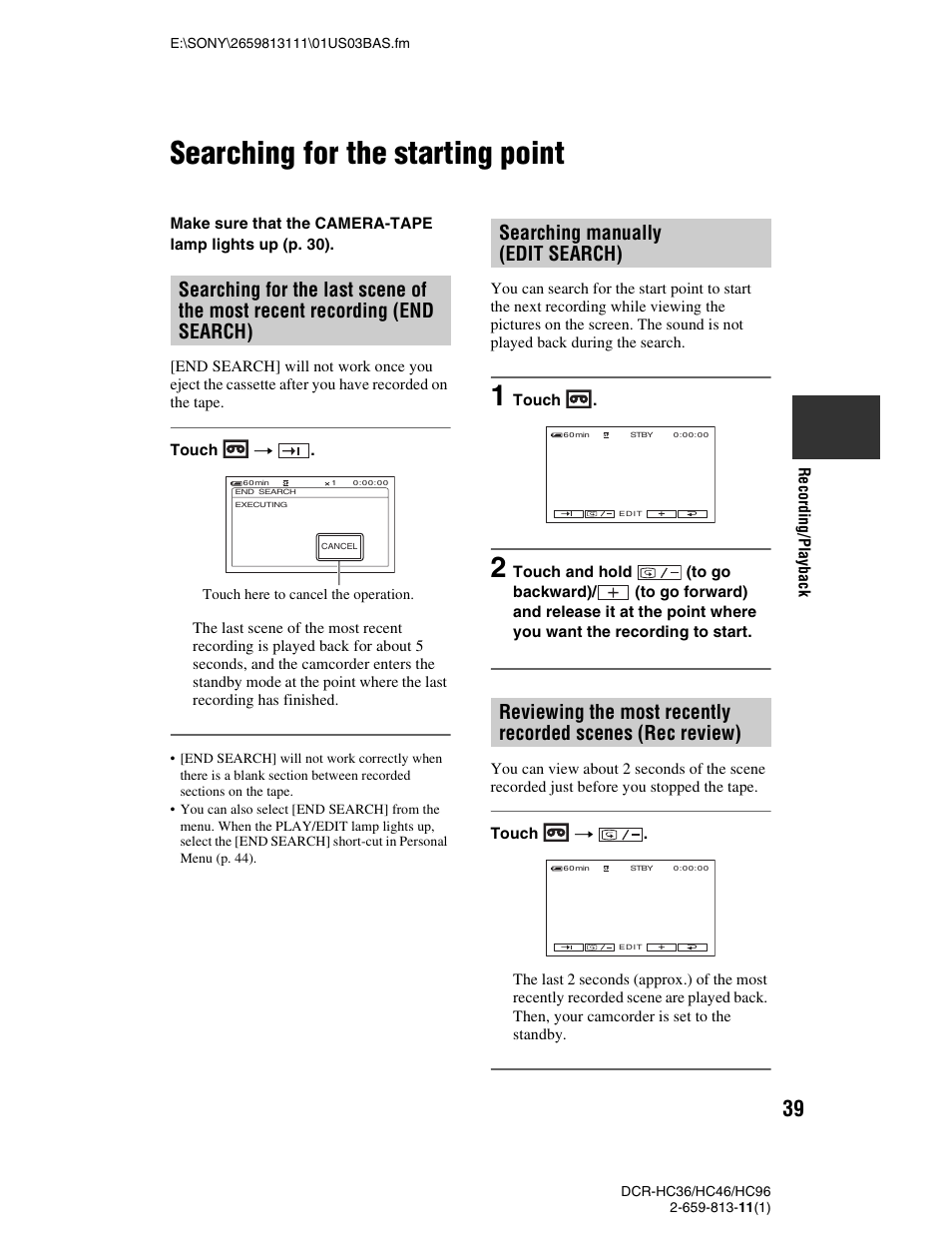 Searching for the starting point, Searching manually (edit search), End search) | Sony DCR-HC36 User Manual | Page 39 / 140