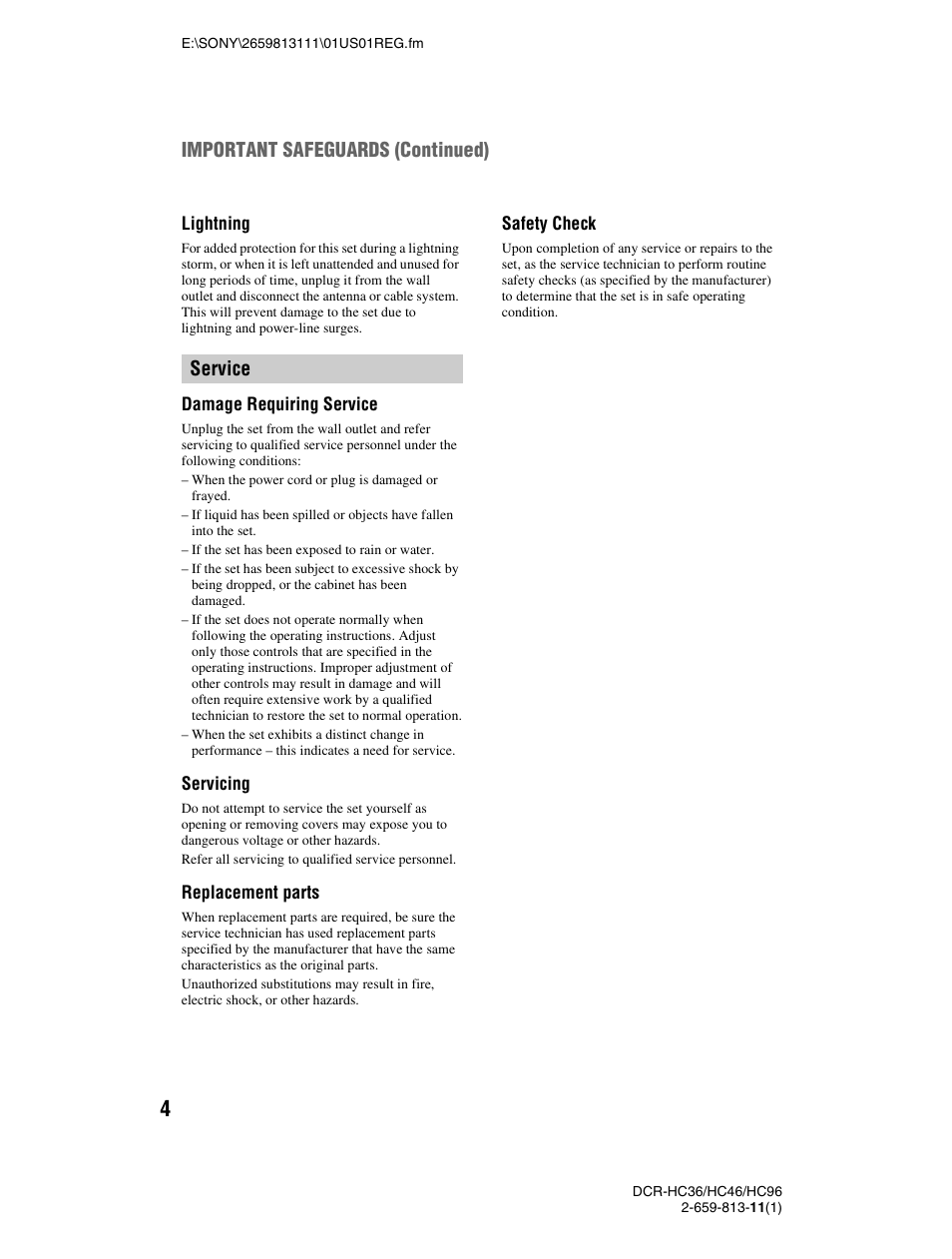 Service important safeguards (continued) | Sony DCR-HC36 User Manual | Page 4 / 140