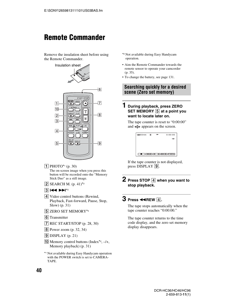 Remote commander, P. 40), P. 40 | Sony DCR-HC36 User Manual | Page 40 / 140