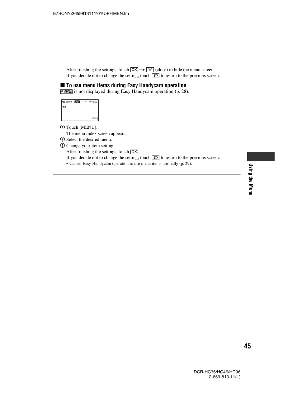 Xto use menu items during easy handycam operation | Sony DCR-HC36 User Manual | Page 45 / 140
