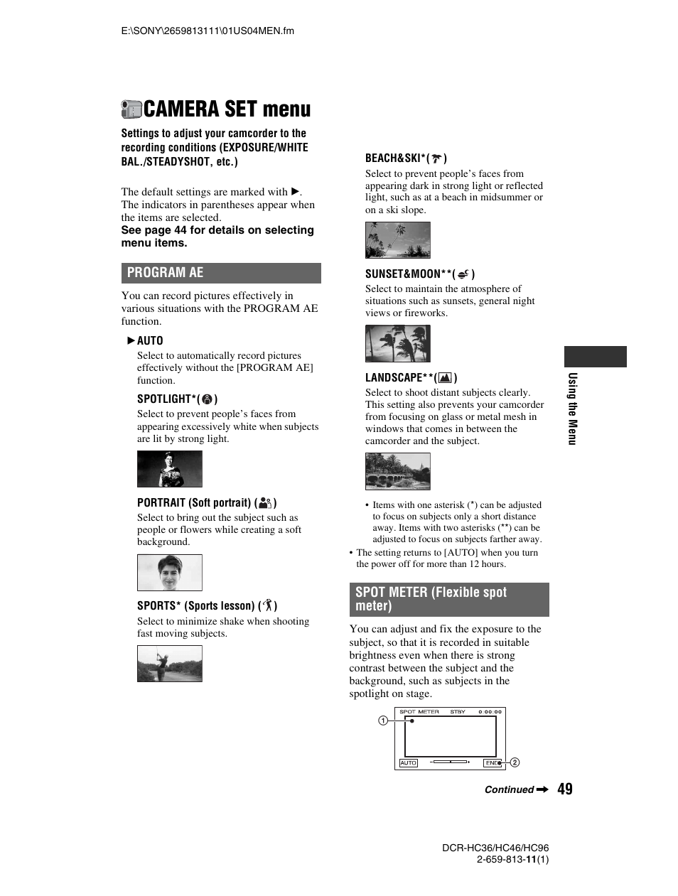 Camera set menu | Sony DCR-HC36 User Manual | Page 49 / 140