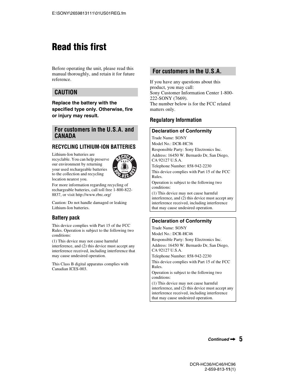 Read this first | Sony DCR-HC36 User Manual | Page 5 / 140