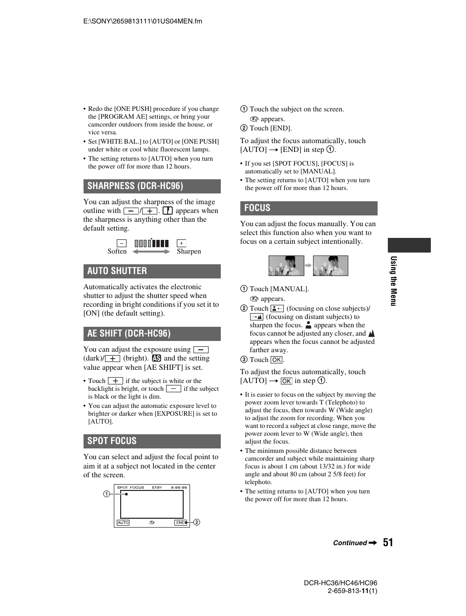 P. 51), Ss (51), Focus | Sony DCR-HC36 User Manual | Page 51 / 140