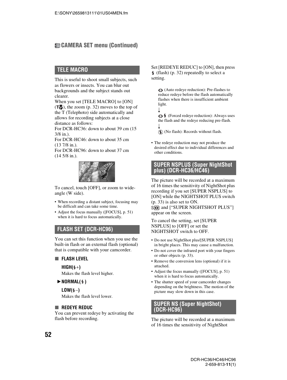 P. 52), Unction (p. 52), Camera set menu (continued) | Sony DCR-HC36 User Manual | Page 52 / 140