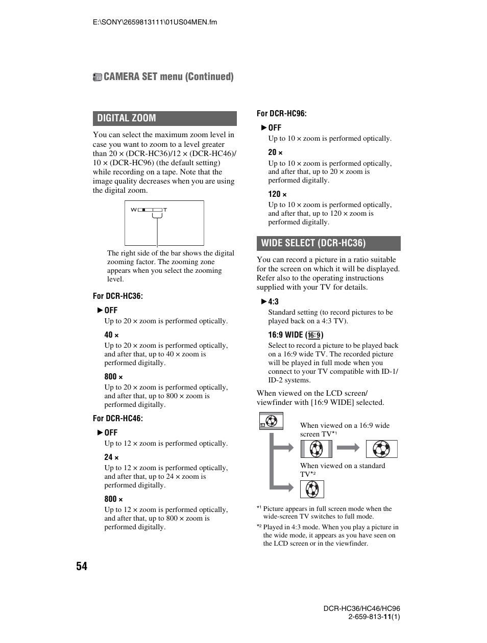 Camera set menu (continued), Digital zoom, Wide select (dcr-hc36) | Sony DCR-HC36 User Manual | Page 54 / 140