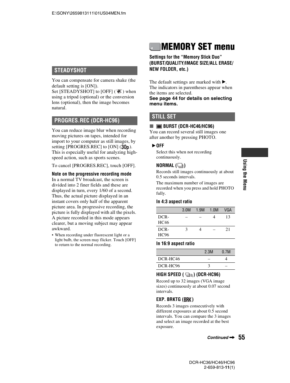 Memory set menu | Sony DCR-HC36 User Manual | Page 55 / 140