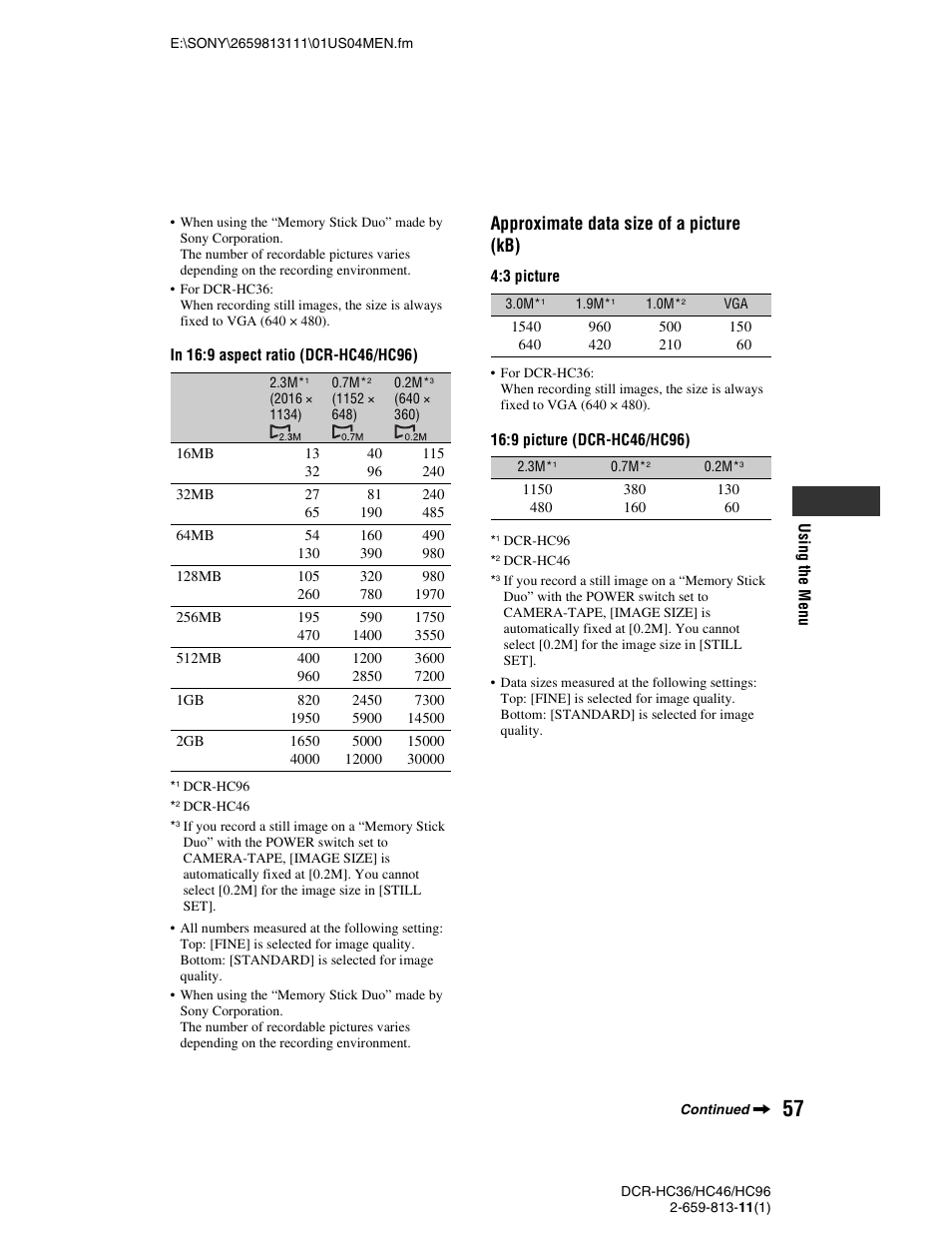 Approximate data size of a picture (kb) | Sony DCR-HC36 User Manual | Page 57 / 140