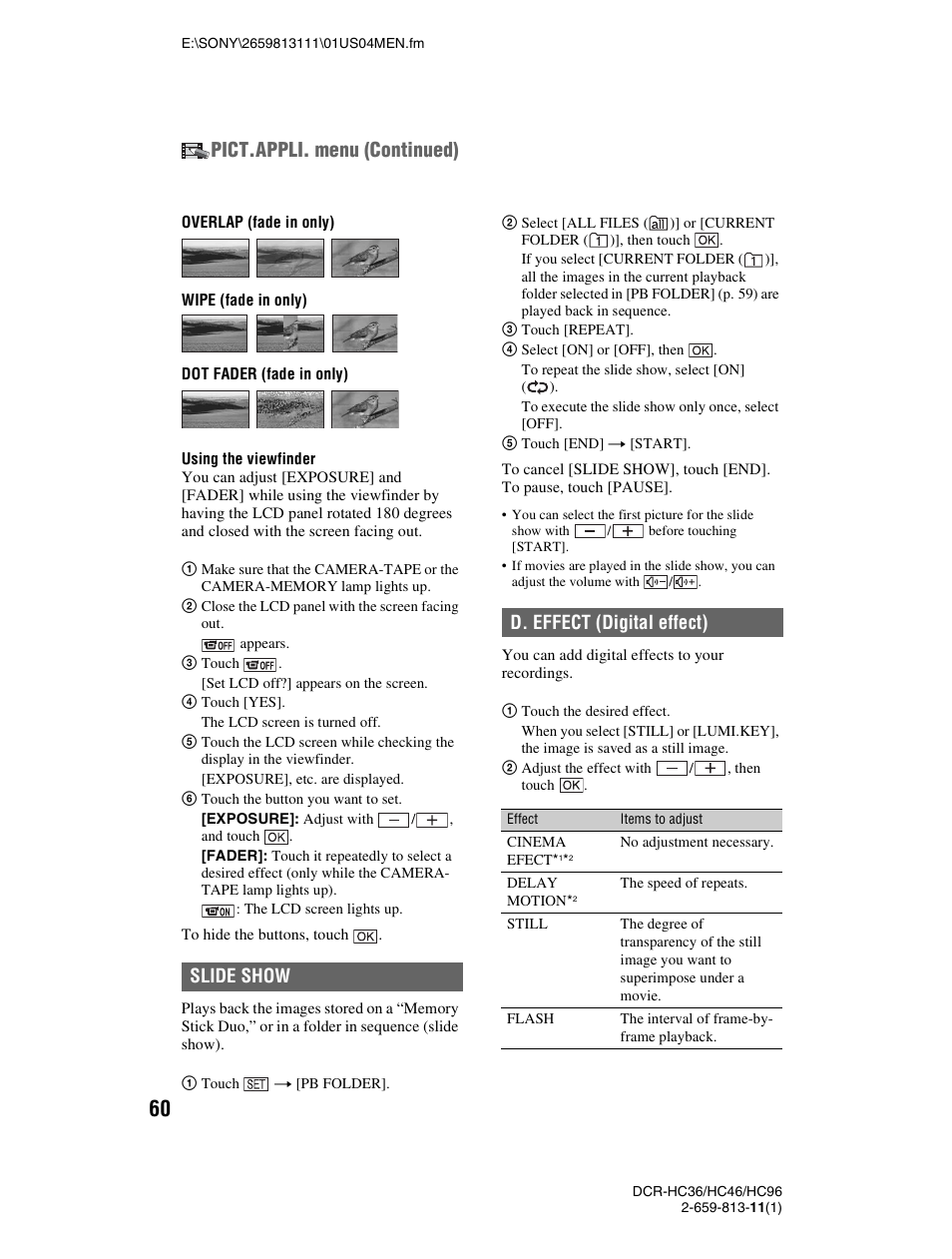 Pict.appli. menu (continued), Slide show d. effect (digital effect) | Sony DCR-HC36 User Manual | Page 60 / 140