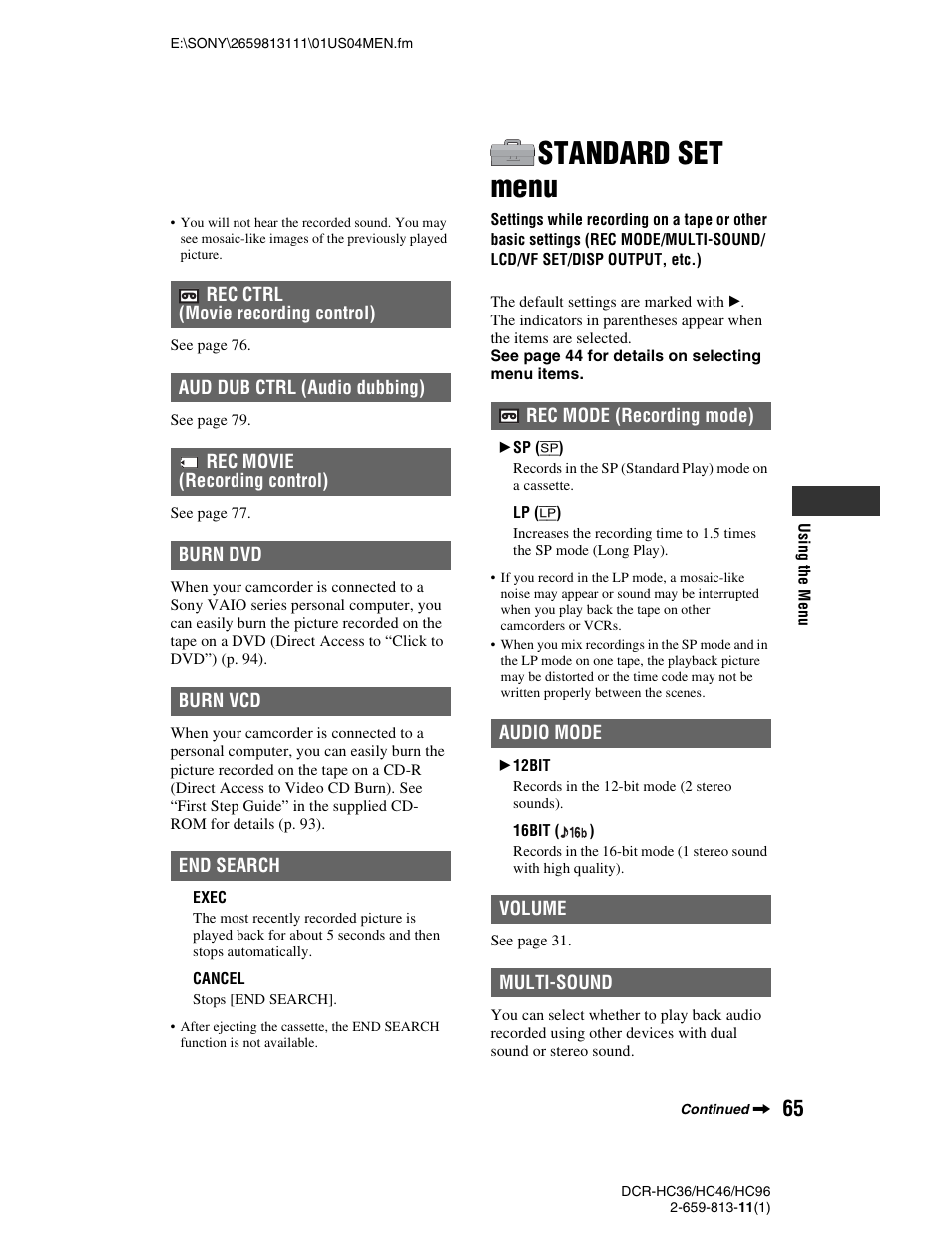 Standard set menu | Sony DCR-HC36 User Manual | Page 65 / 140