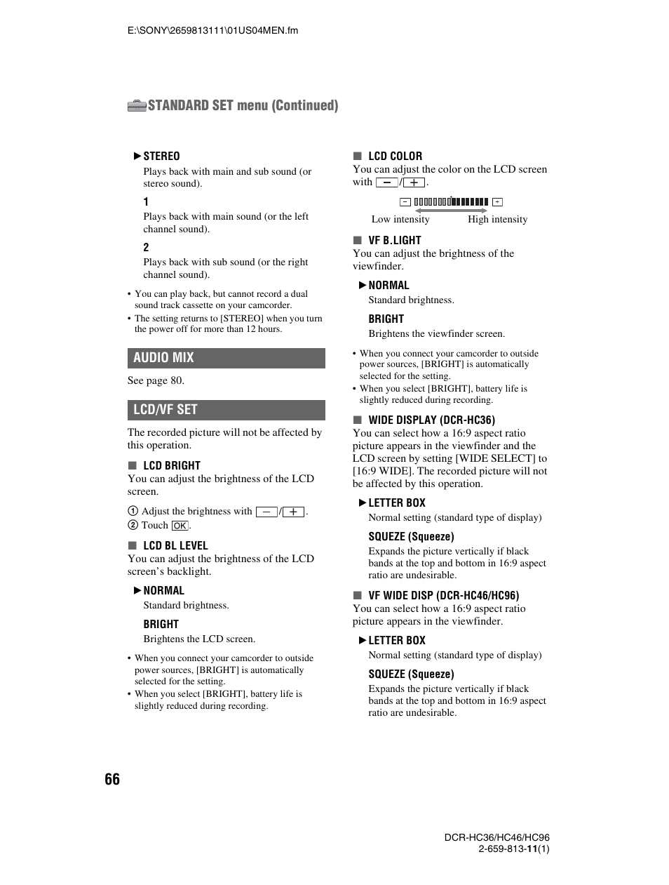 Standard set menu (continued) | Sony DCR-HC36 User Manual | Page 66 / 140