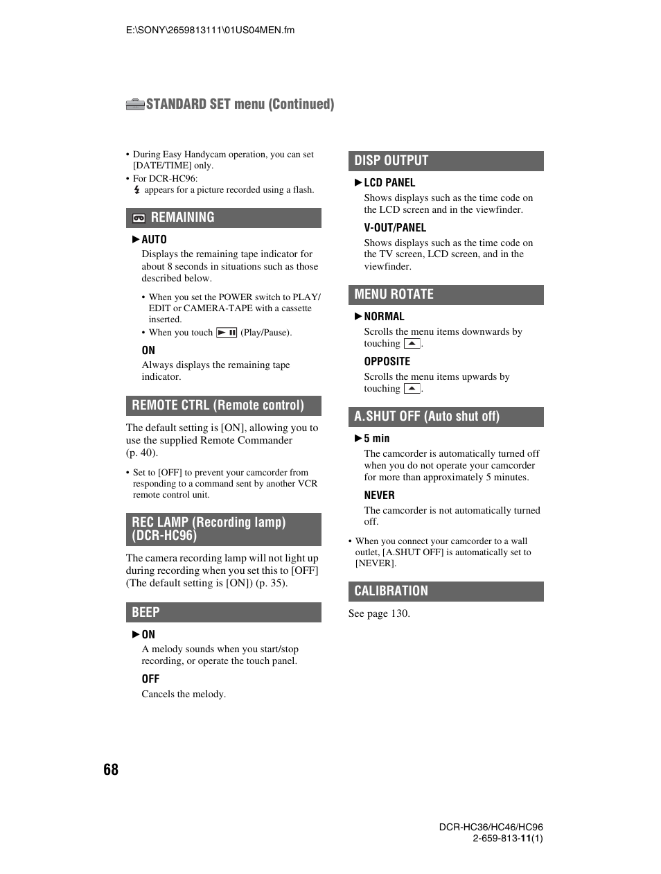 Ng (p. 68), P. 68), Standard set menu (continued) | Sony DCR-HC36 User Manual | Page 68 / 140