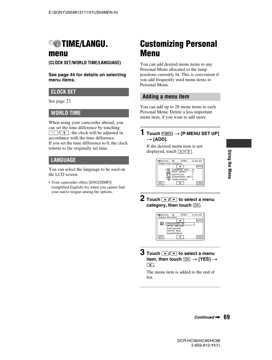 Time/langu. menu, Clock set/world time/language), Customizing personal menu | Adding a menu item | Sony DCR-HC36 User Manual | Page 69 / 140