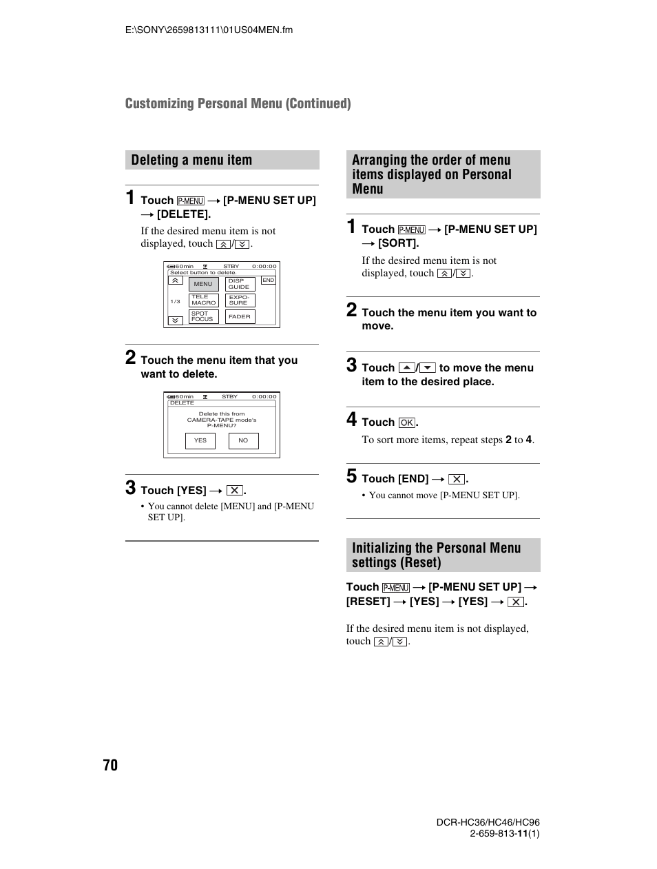 Deleting a menu item | Sony DCR-HC36 User Manual | Page 70 / 140