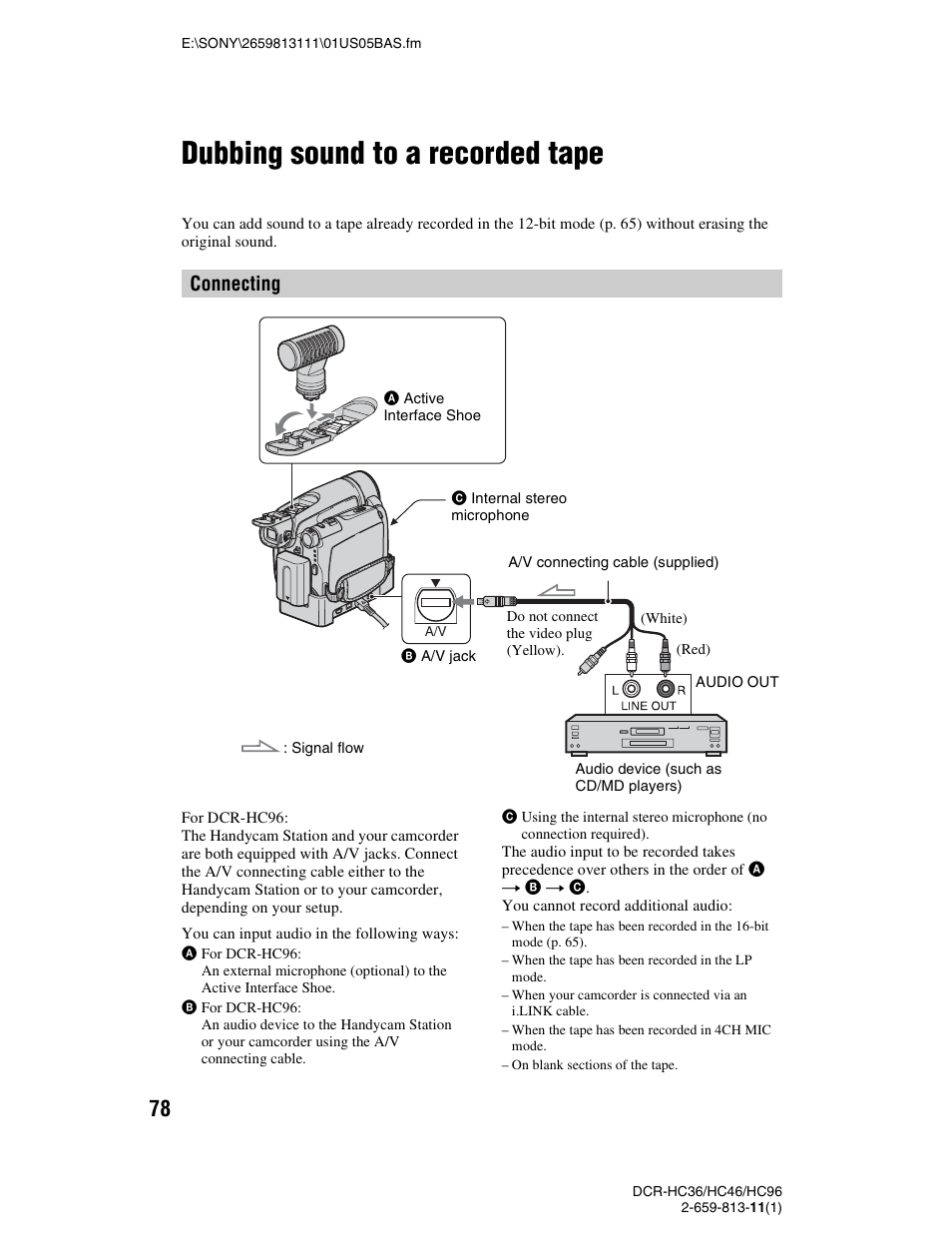 Dubbing sound to a recorded tape, D (p. 78), Connecting | Sony DCR-HC36 User Manual | Page 78 / 140
