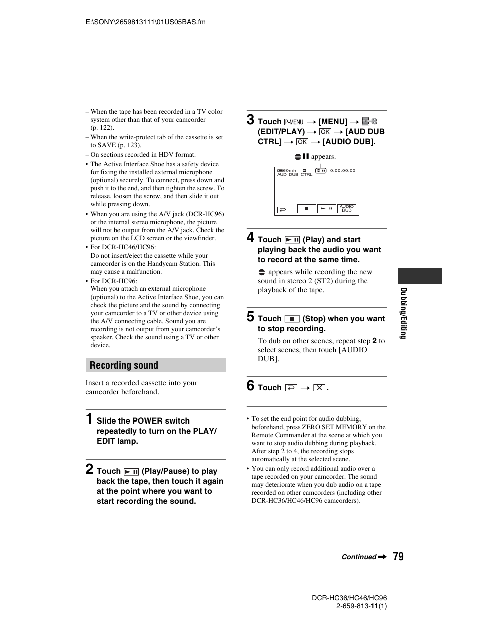 Recording sound | Sony DCR-HC36 User Manual | Page 79 / 140