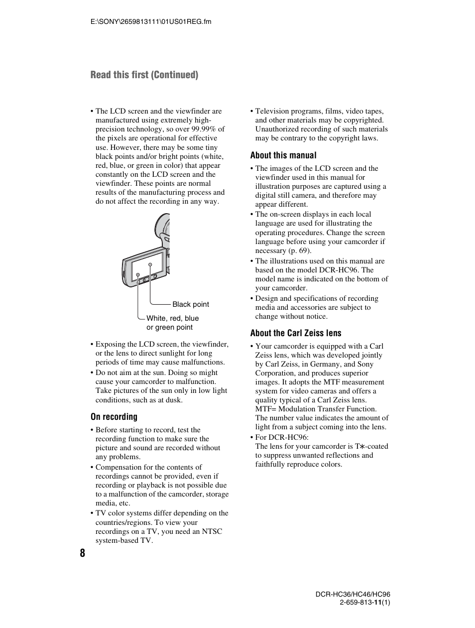Read this first (continued) | Sony DCR-HC36 User Manual | Page 8 / 140