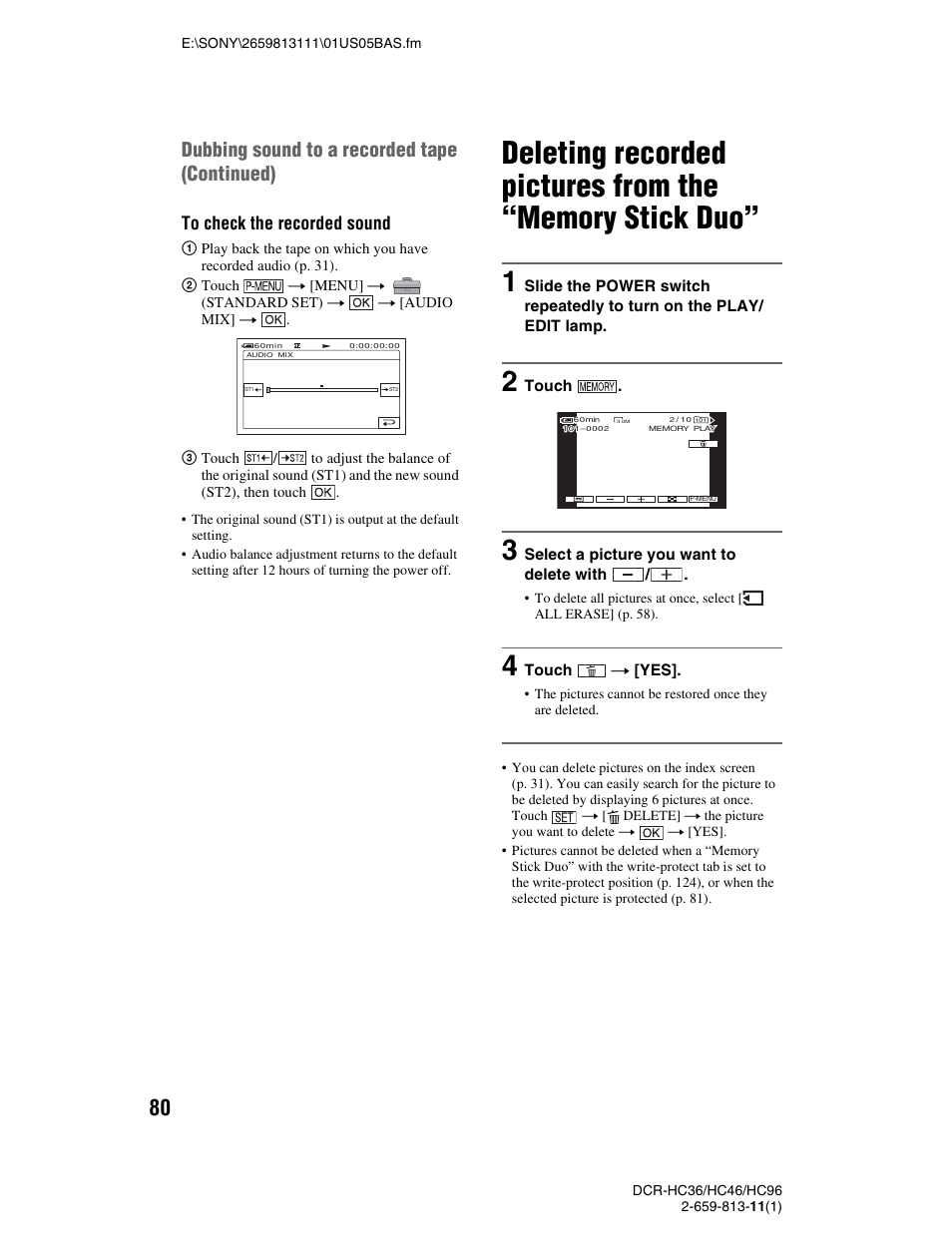 P. 80), On (80), Dubbing sound to a recorded tape (continued) | Sony DCR-HC36 User Manual | Page 80 / 140