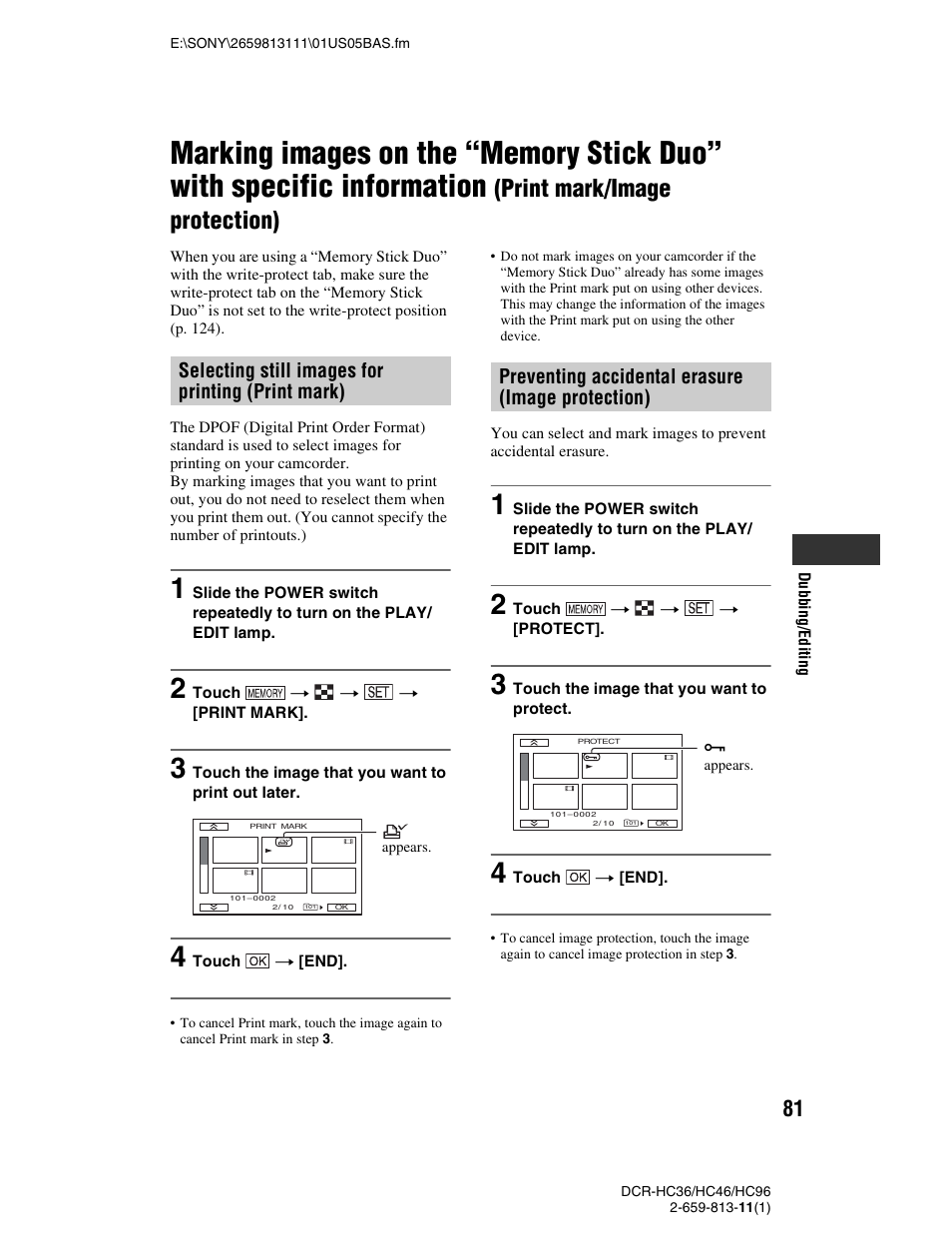 Print mark/image protection) | Sony DCR-HC36 User Manual | Page 81 / 140