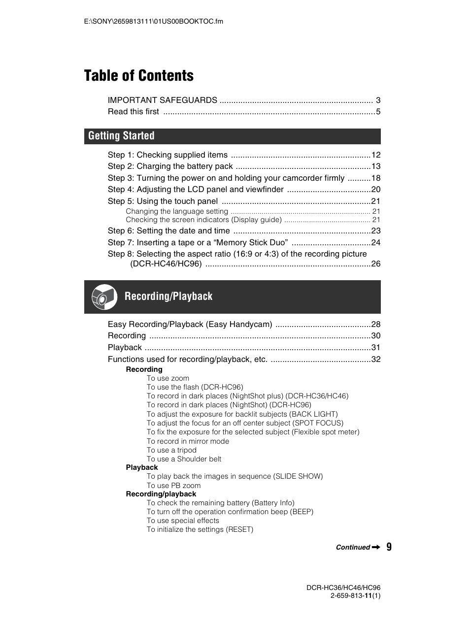 Sony DCR-HC36 User Manual | Page 9 / 140