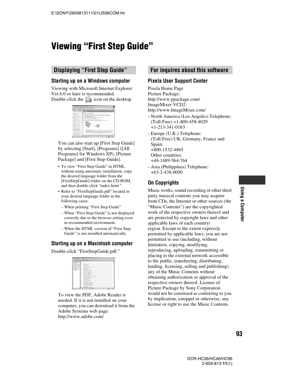 Viewing “first step guide, P. 93), Displaying “first step guide | For inquires about this software | Sony DCR-HC36 User Manual | Page 93 / 140