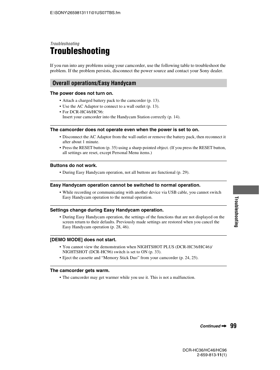 Troubleshooting, Overall operations/easy handycam | Sony DCR-HC36 User Manual | Page 99 / 140