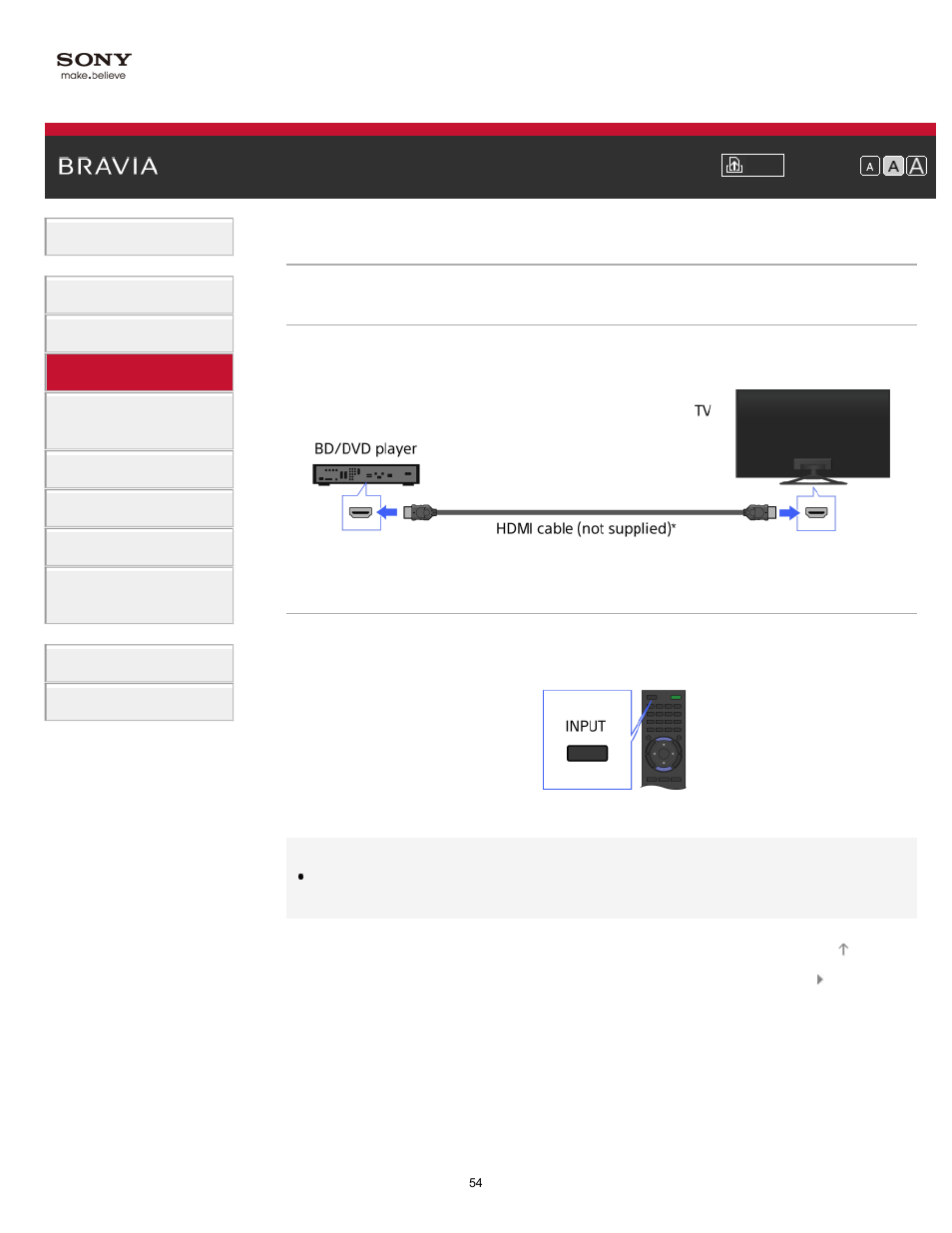 Hdmi connection | Sony KDL-32W650A User Manual | Page 54 / 187