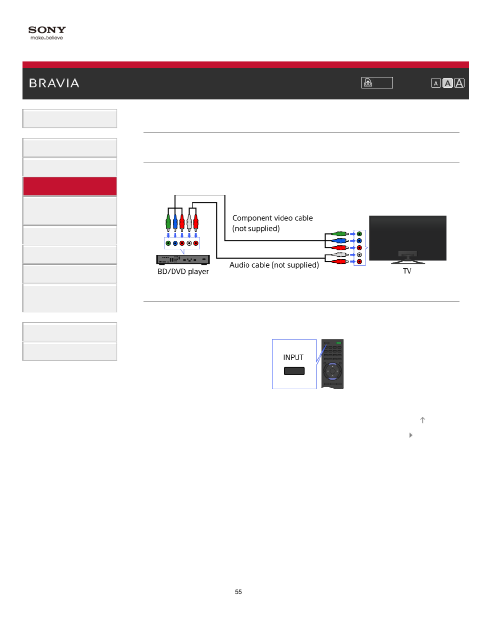 Component video connection | Sony KDL-32W650A User Manual | Page 55 / 187
