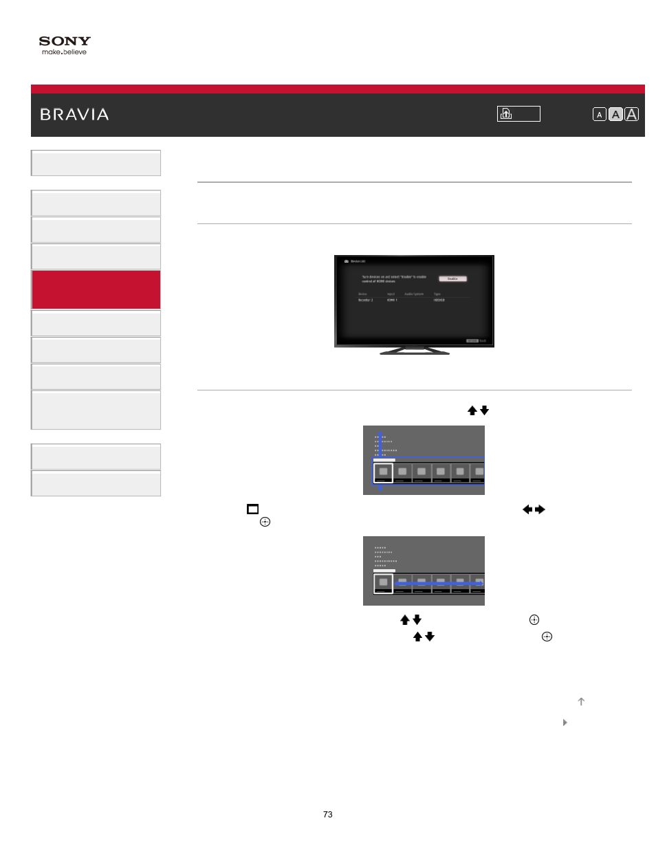Displaying the “bravia” sync device list | Sony KDL-32W650A User Manual | Page 73 / 187