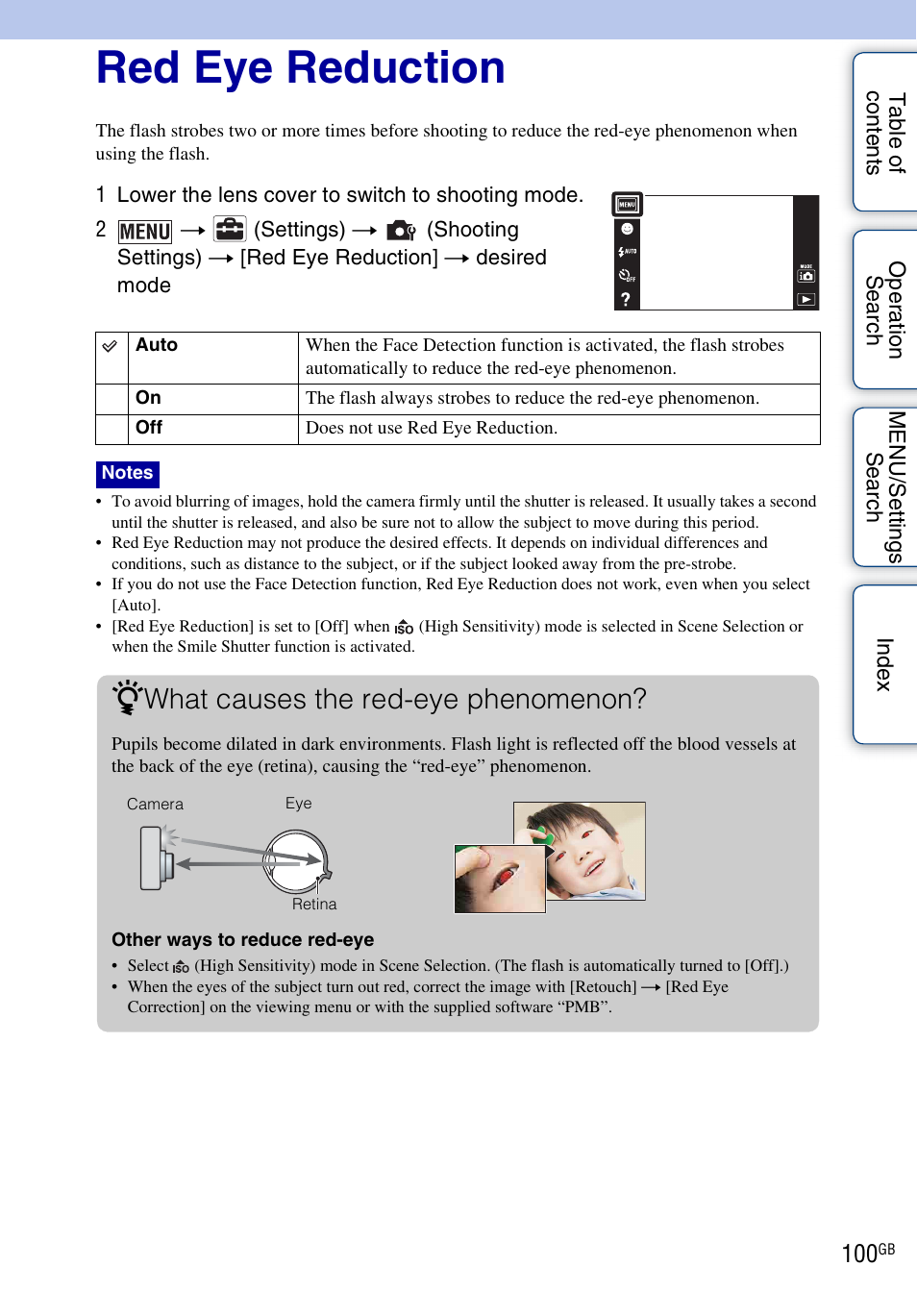 Red eye reduction, What causes the red-eye phenomenon | Sony DSC-T110 User Manual | Page 100 / 164