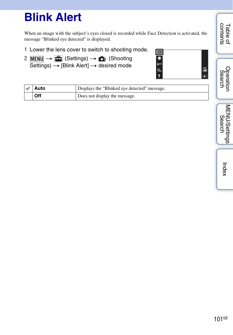 Blink alert | Sony DSC-T110 User Manual | Page 101 / 164