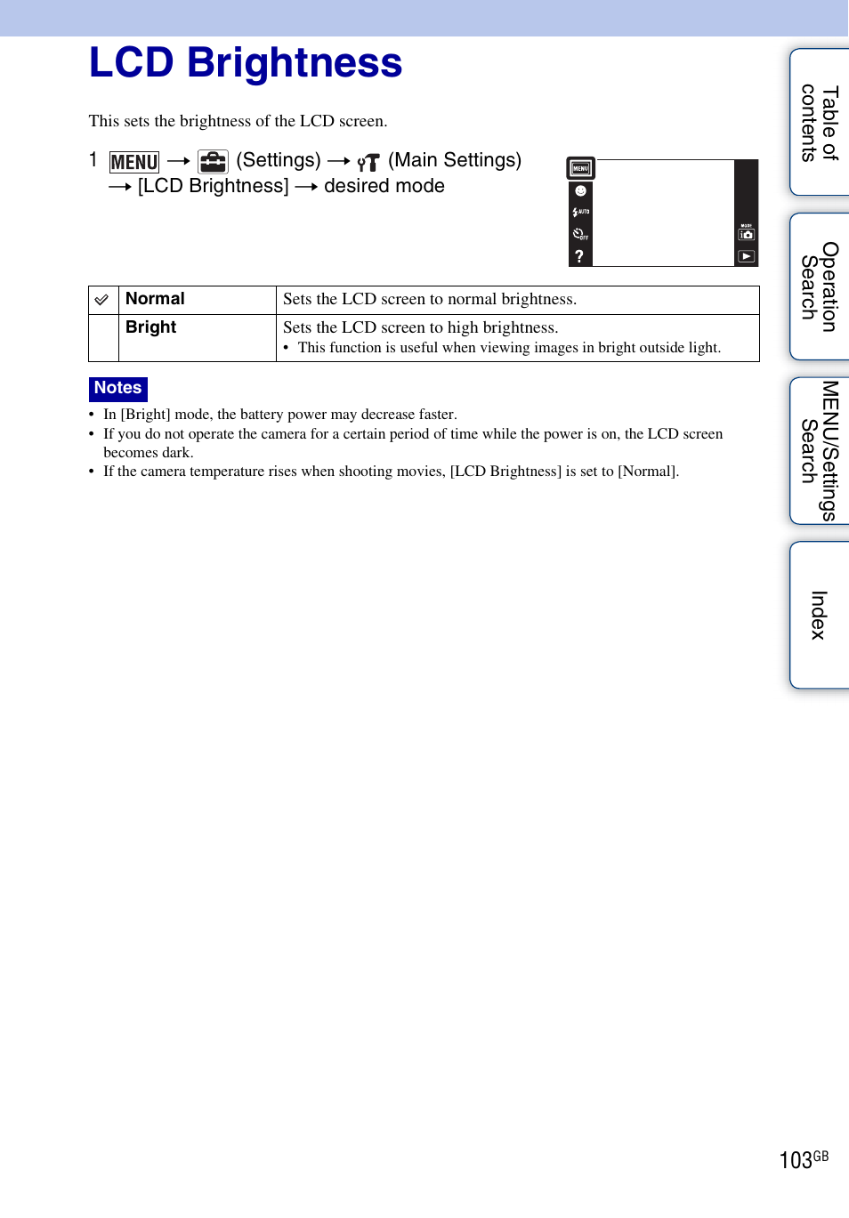 Lcd brightness | Sony DSC-T110 User Manual | Page 103 / 164