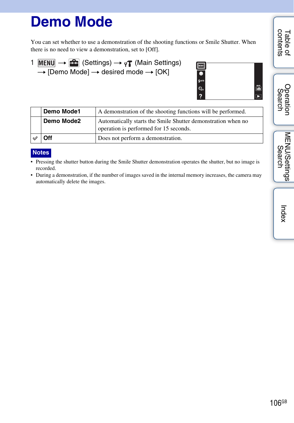 Demo mode | Sony DSC-T110 User Manual | Page 106 / 164