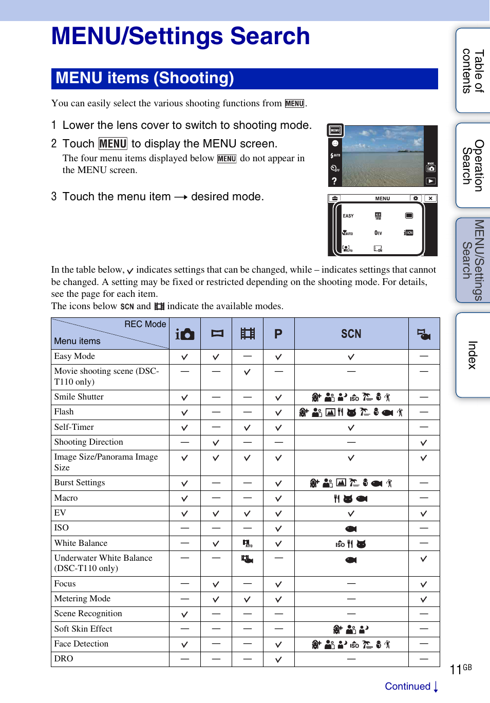Menu/settings search, Se ar, Ttin | Menu items (shooting), 3 touch the menu item t desired mode | Sony DSC-T110 User Manual | Page 11 / 164